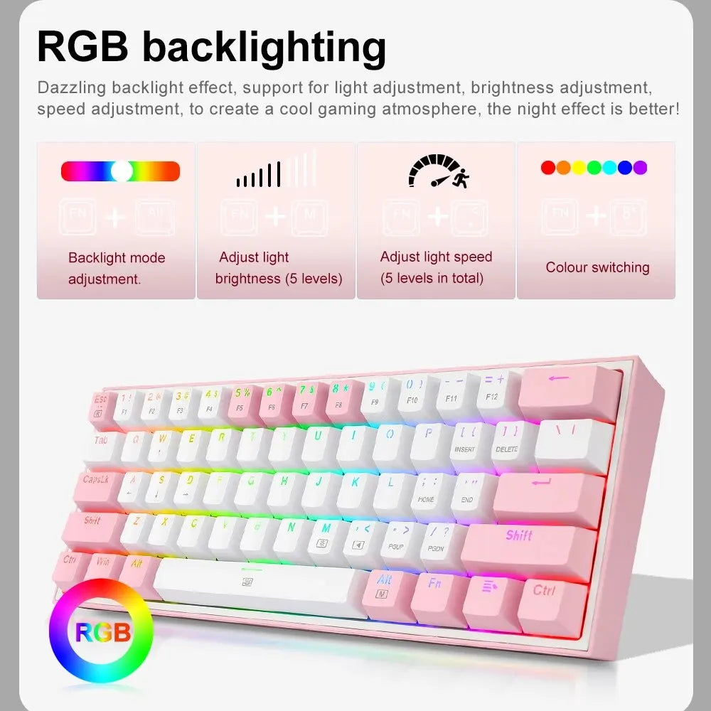 REDRAGON Fizz K617 RGB USB Mini Mechanical Gaming Wired Keyboard Red Switch 61 Key Gamer for Computer PC Laptop Detachable Cable